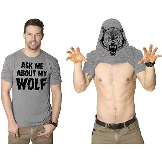 Ask Me About My Wolf Flip Funny T-Shirt - Men's Graphic Novelty Tee