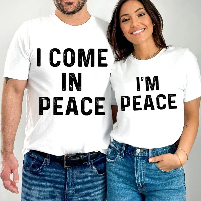 "I Come in Peace," "I'm Peace," Funny Matching Couples T-Shirt - Unisex Graphic Tee, Black, Red, Pink, Beige